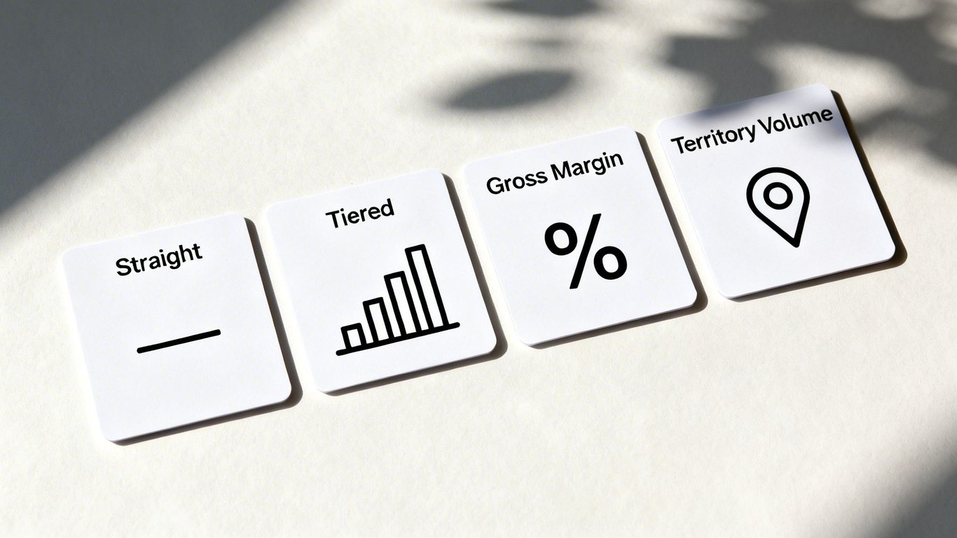 Four white cards display sales commission terms like 'Straight', 'Tiered', 'Gross Margin', and 'Territory Volume' with icons.