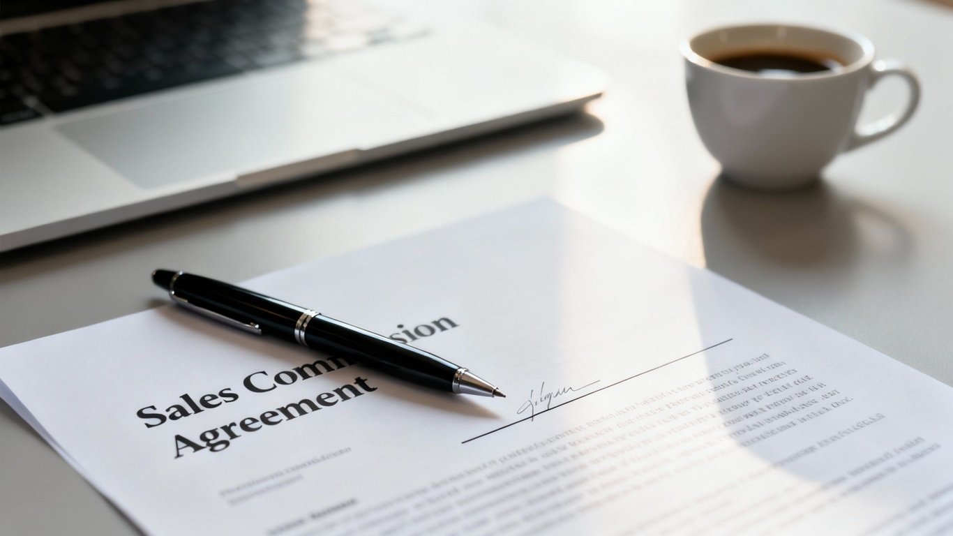 A Sales Commission Agreement document with a pen, laptop, and coffee on a desk.