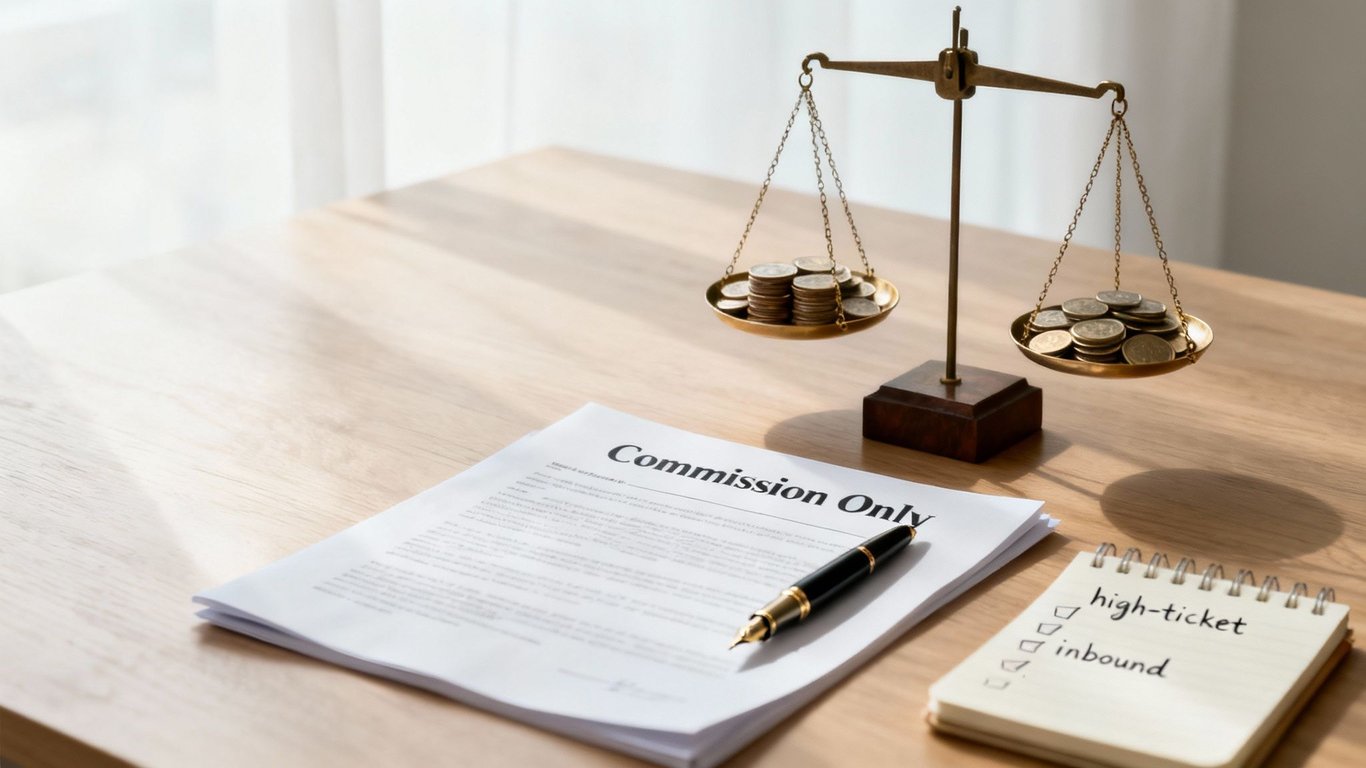 A 'Commission Only' contract, pen, notepad with 'high-ticket' sales notes, and a financial scale with coins.