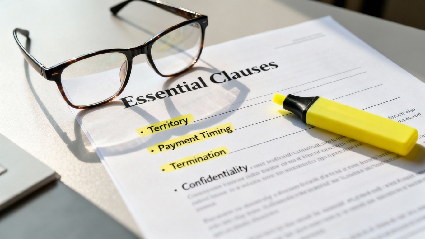 A document titled 'Essential Clauses' with highlighted contract terms like territory and payment timing, alongside glasses and a highlighter.