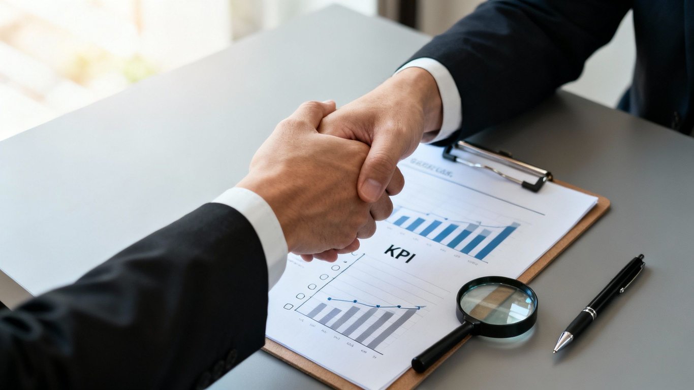 Two business professionals shake hands over a desk with a KPI report, magnifying glass, and pen.