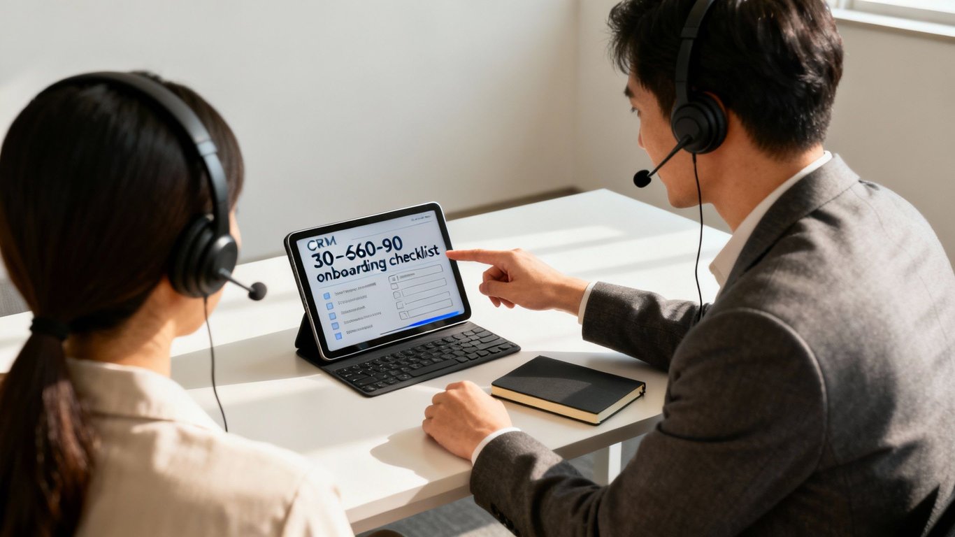 Two customer service representatives review a CRM onboarding checklist on a tablet.