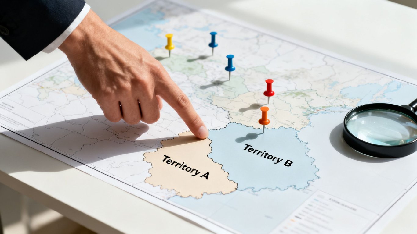 A hand points to 'Territory A' on a map with pushpins, illustrating business strategy.