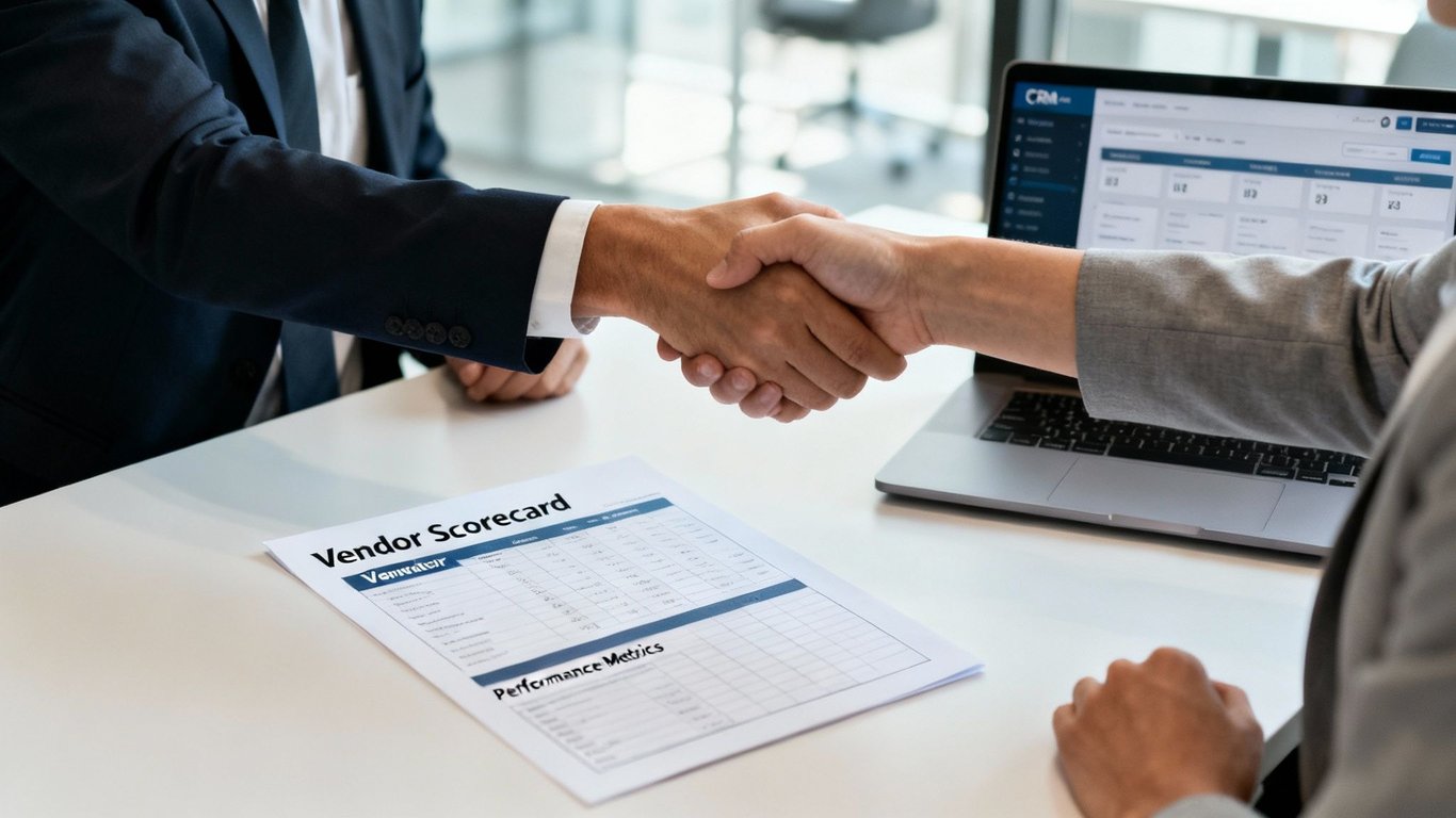 Two business professionals shaking hands over a desk with a laptop and vendor scorecard, signifying agreement.