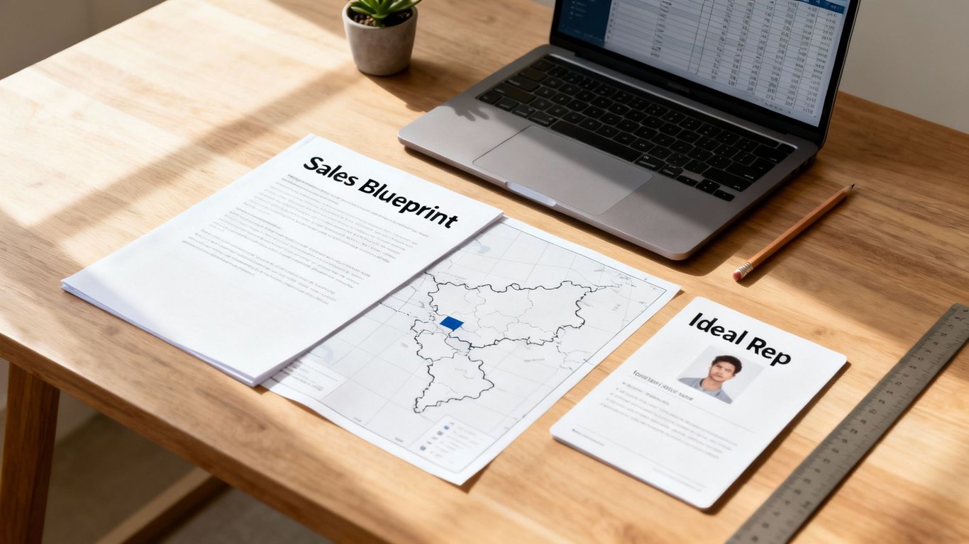Overhead shot of a wooden desk with 'Sales Blueprint' and 'Ideal Rep' documents, a laptop, and office supplies.