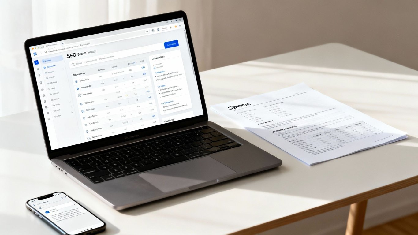 A laptop displaying an SEO dashboard with data, a smartphone, and a printed document on a clean white desk.