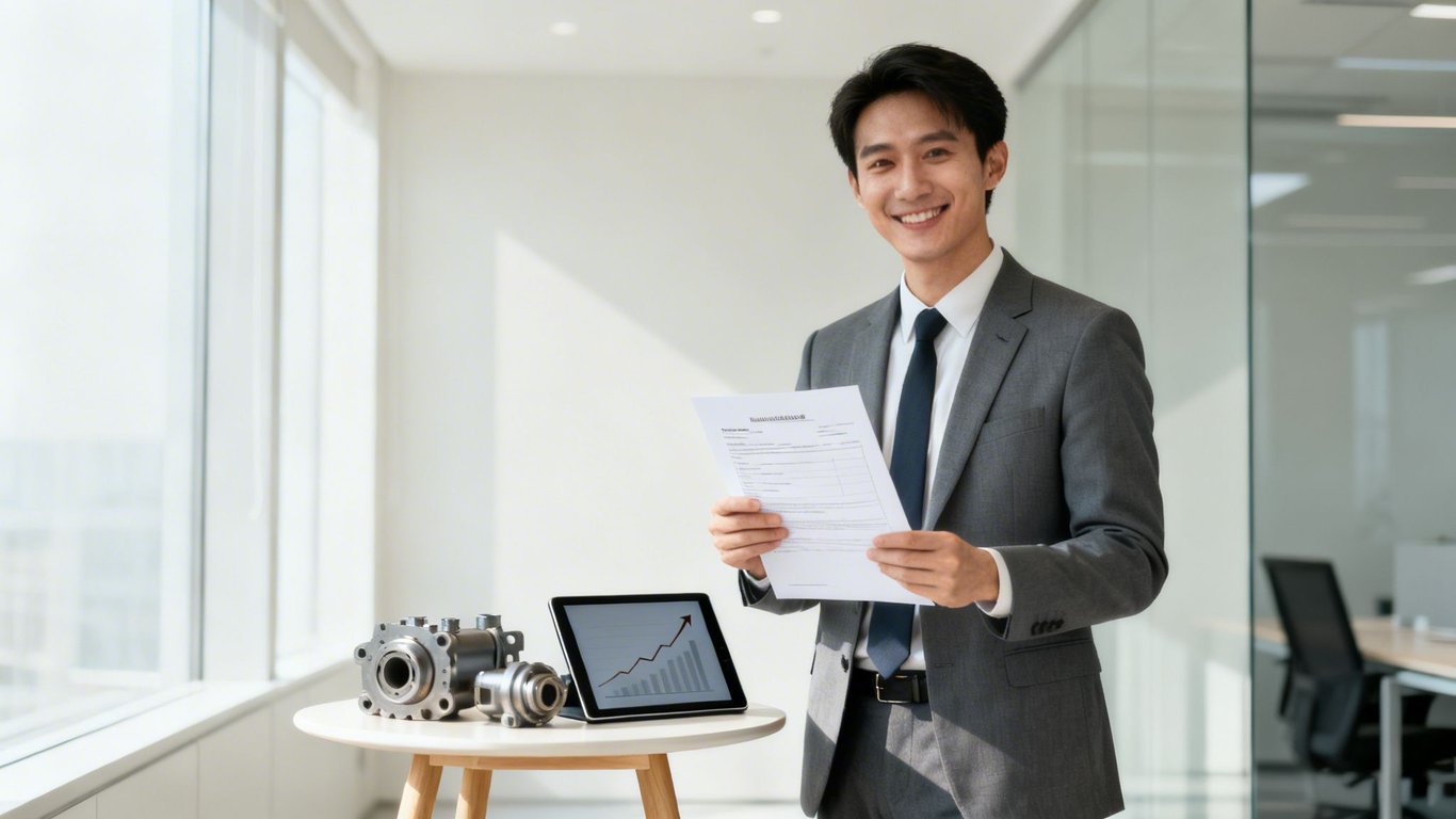 Smiling Asian businessman in a suit holds documents, standing by a table with mechanical parts and a growth graph on a tablet.