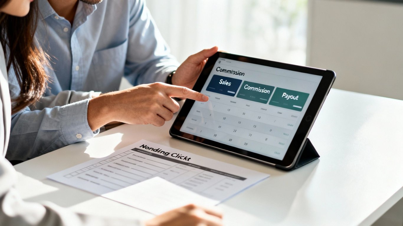 Two professionals analyze sales and commission data on a tablet during a business meeting.