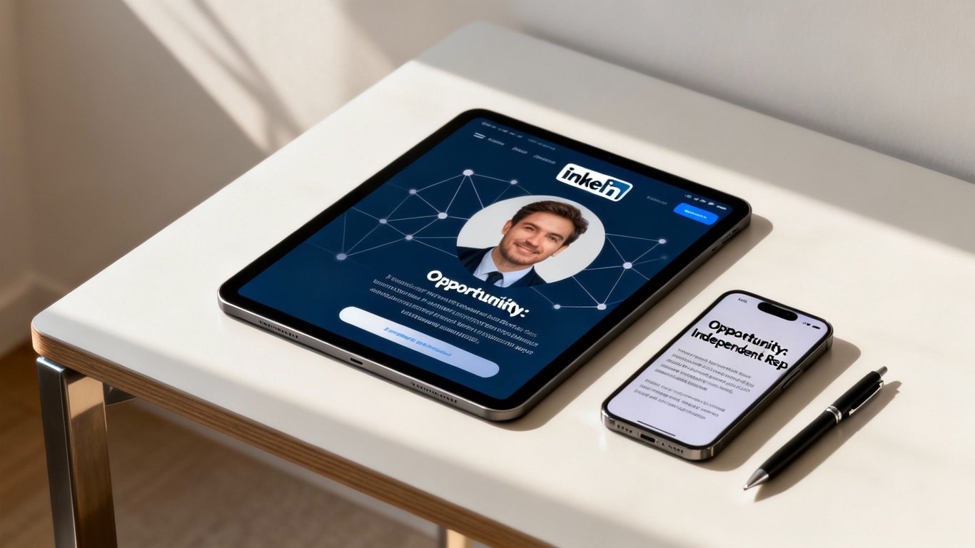 A tablet and smartphone display a job opportunity page on a white table with a pen.