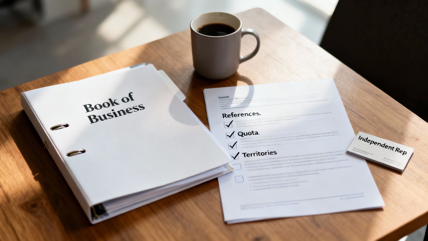 A 'Book of Business' binder, a checklist document, and an 'Independent Rep' business card on a wooden table.