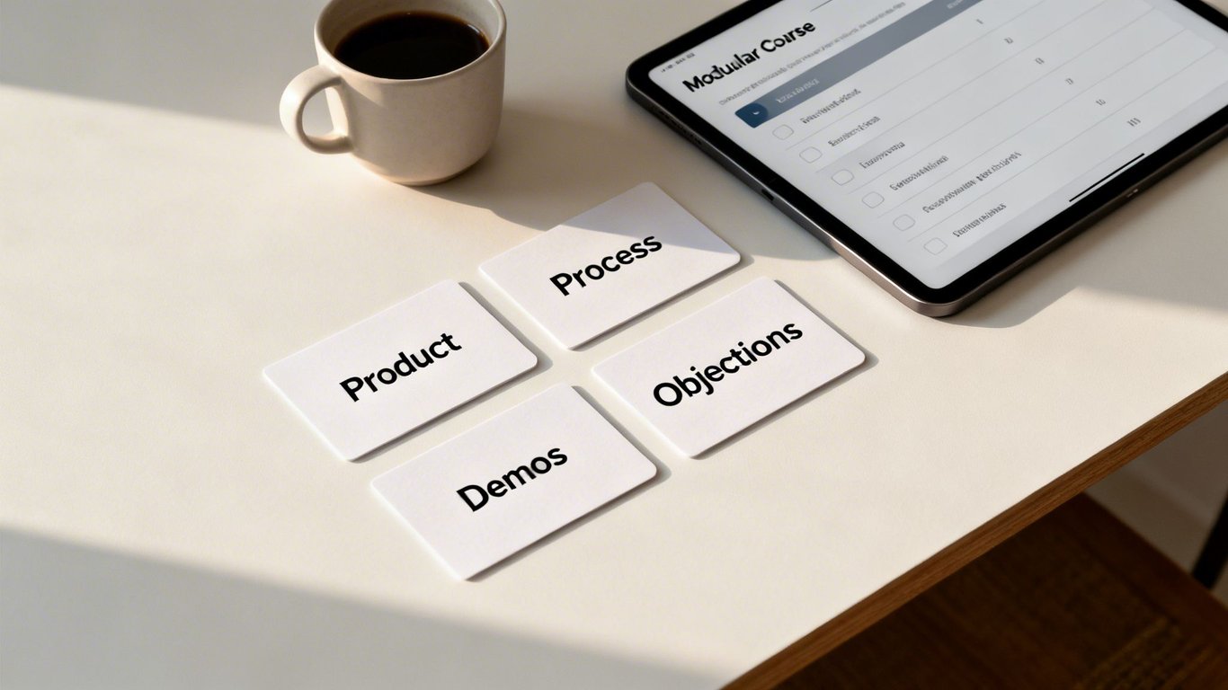 Four white cards with 'Product', 'Process', 'Objections', 'Demos' next to a tablet and coffee.