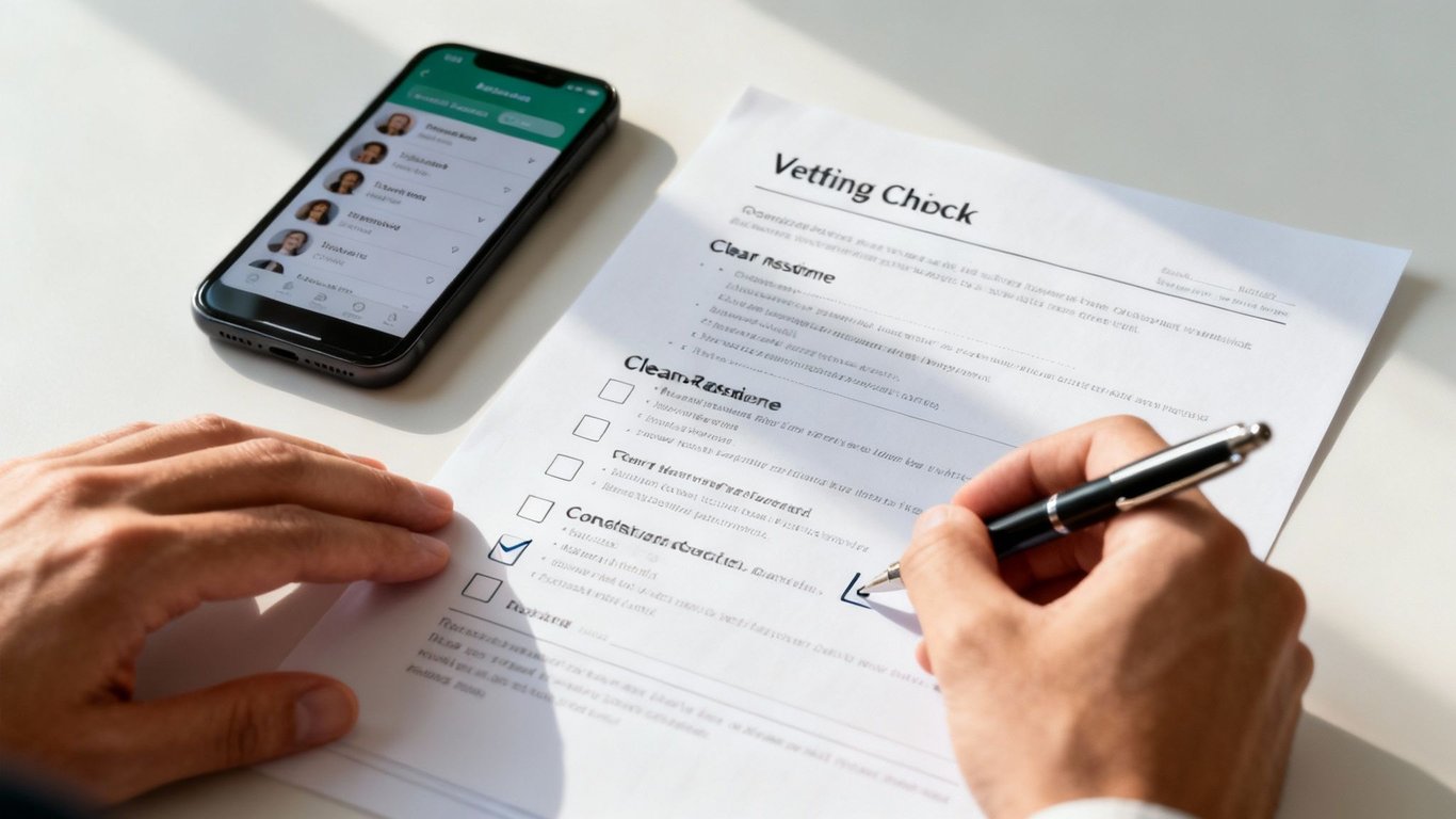 Close-up of hands completing a vetting check form, with a smartphone displaying contacts.