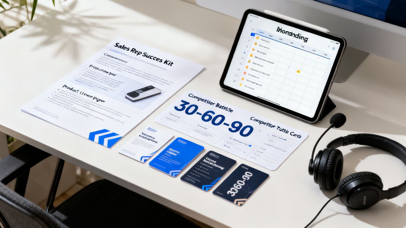 A professional's desk features a 'Sales Rep Success Kit' document, a tablet with a task app, headphones, and business cards.
