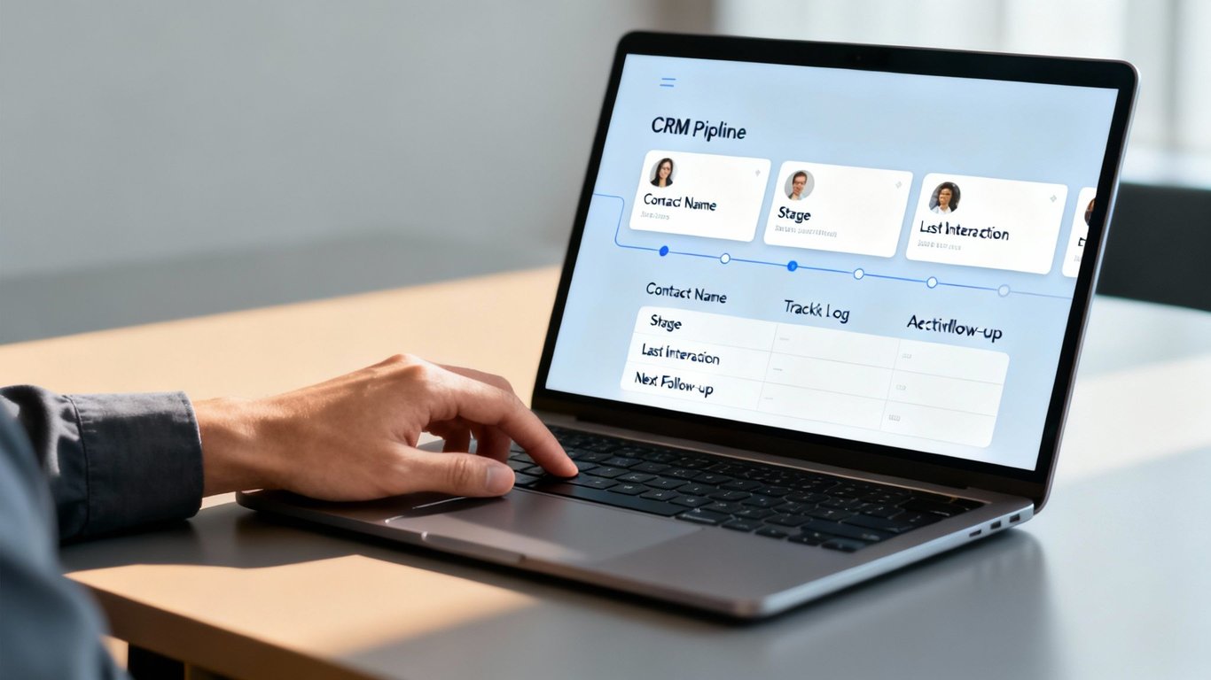 Close-up of a person's hands typing on a laptop displaying a CRM pipeline dashboard.