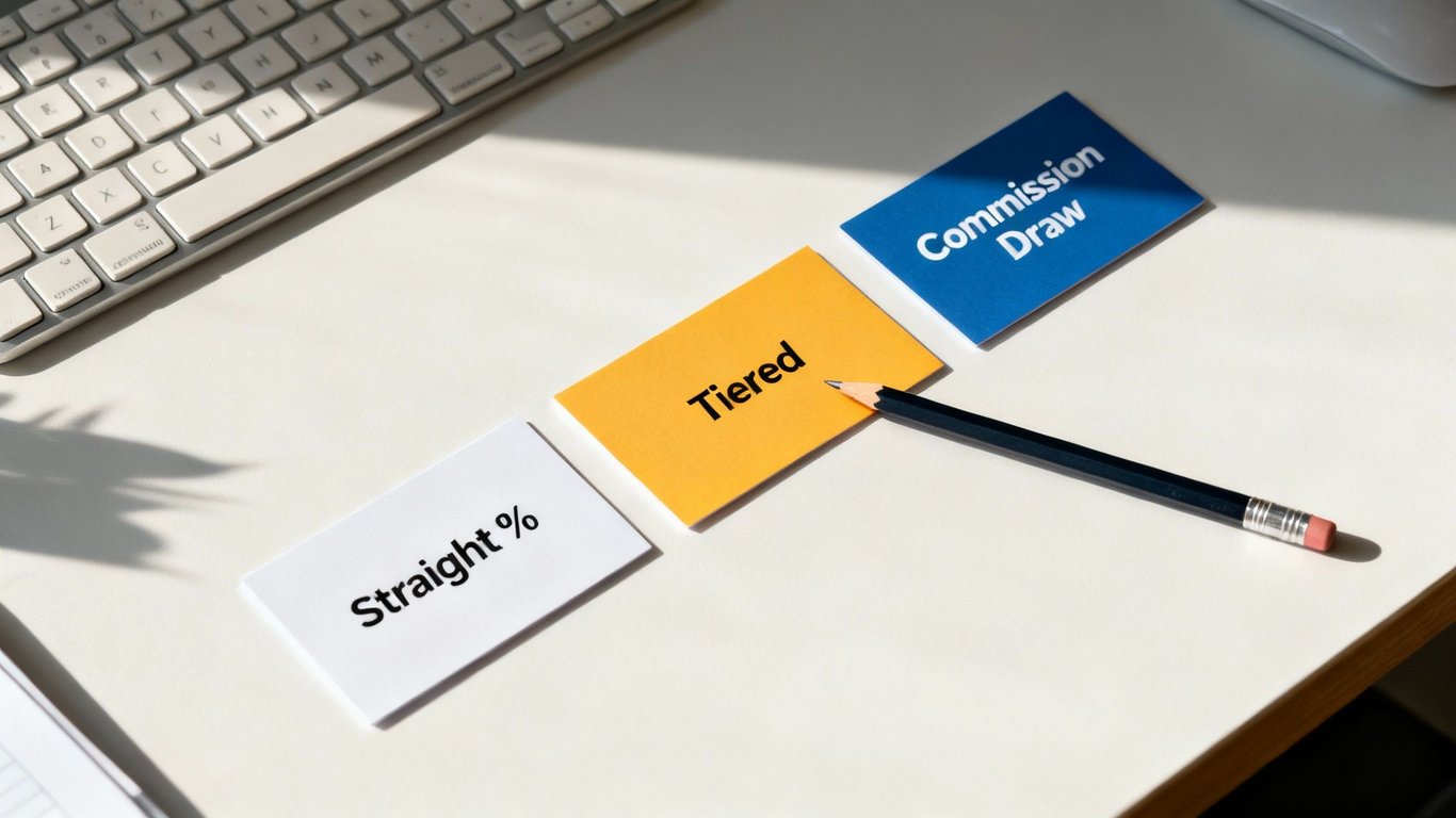 Three colorful cards on a desk detailing sales commission models: Straight %, Tiered, and Commission Draw, with a pencil.