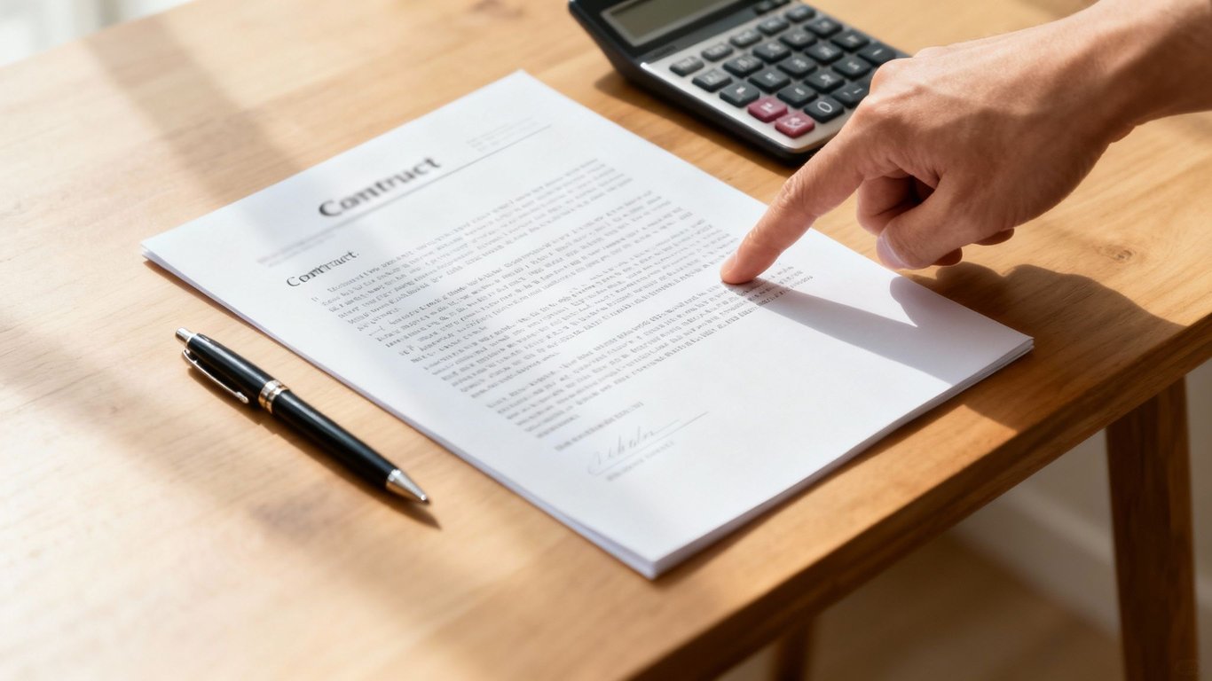 A person's finger points to a clause on a contract document, with a pen and calculator nearby.