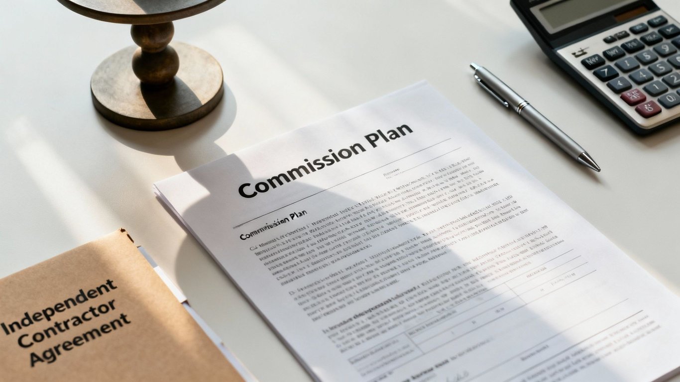 Desk setup with 'Commission Plan' and 'Independent Contractor Agreement' documents, a calculator, and a pen.