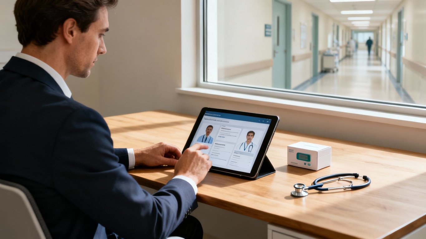 A man in a suit uses a tablet displaying doctor profiles, with a stethoscope on a desk in front of a hospital corridor.